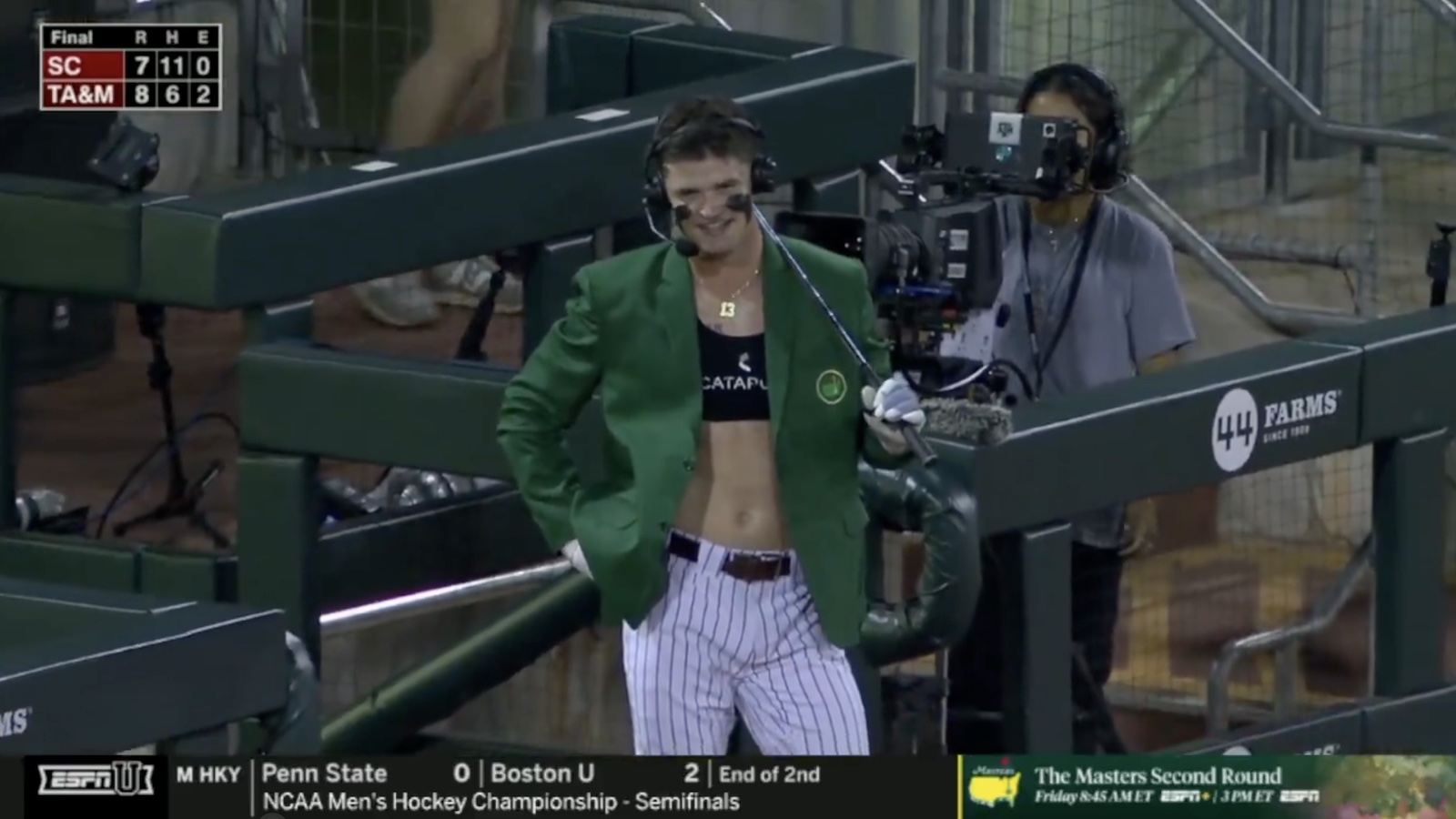 Texas A&M baseball player wearing a Masters jacket