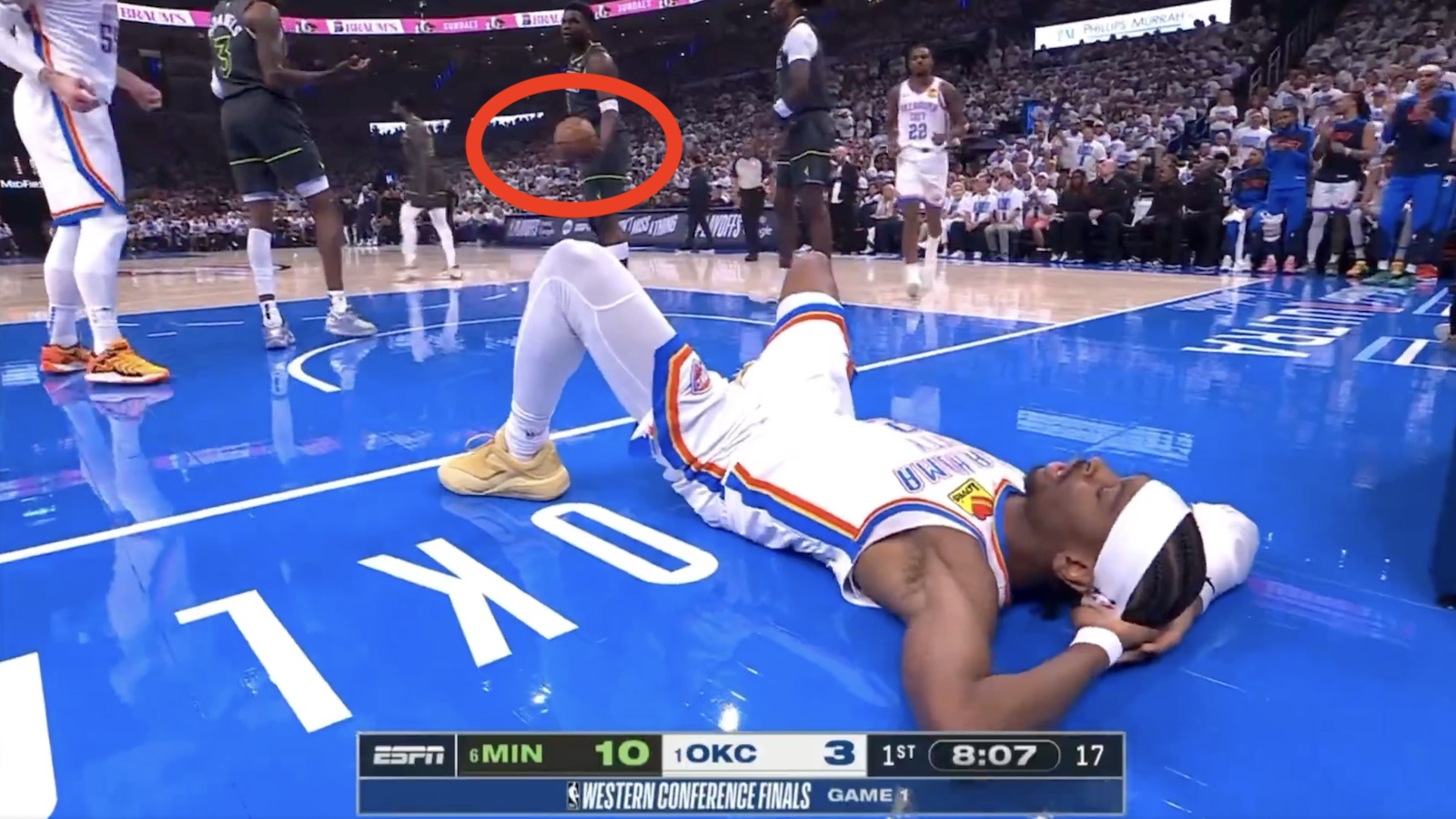 Anthony Edwards holding a ball while Shai Gilgeous-Alexander lies down on the baseline