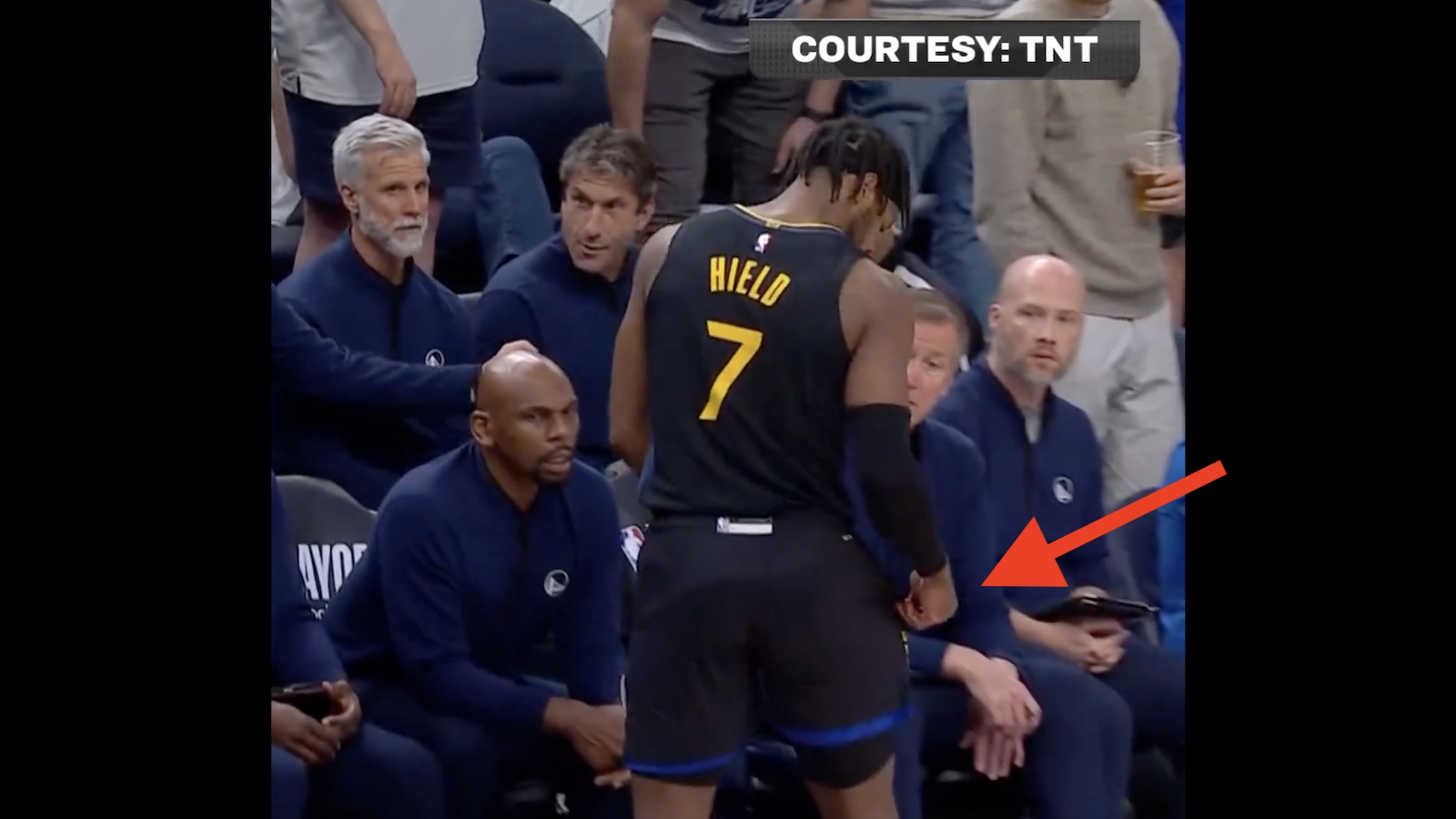 Warriors guard Buddy Hield grabbing at his shorts