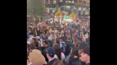 Knicks fans celebrating their team's Game 4 win over the Celtics