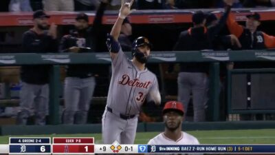 Tigers outfielder Riley Greene celebrating a home run