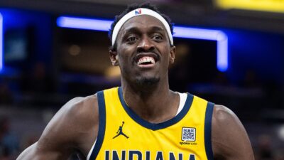 Pascal Siakam looks on