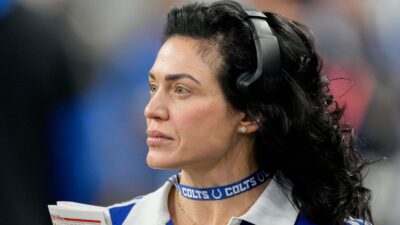 Colts owner Carlie Irsay-Gordon wearing a headset