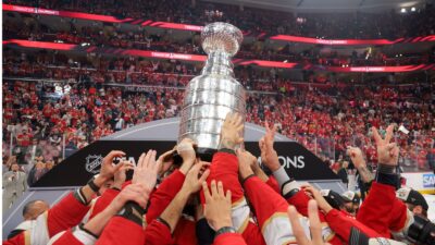 Florida Panthers celebrating with the Stanley Cup
