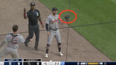 Tigers infielder Zach McKinstry making a catch in foul territory against the White Sox