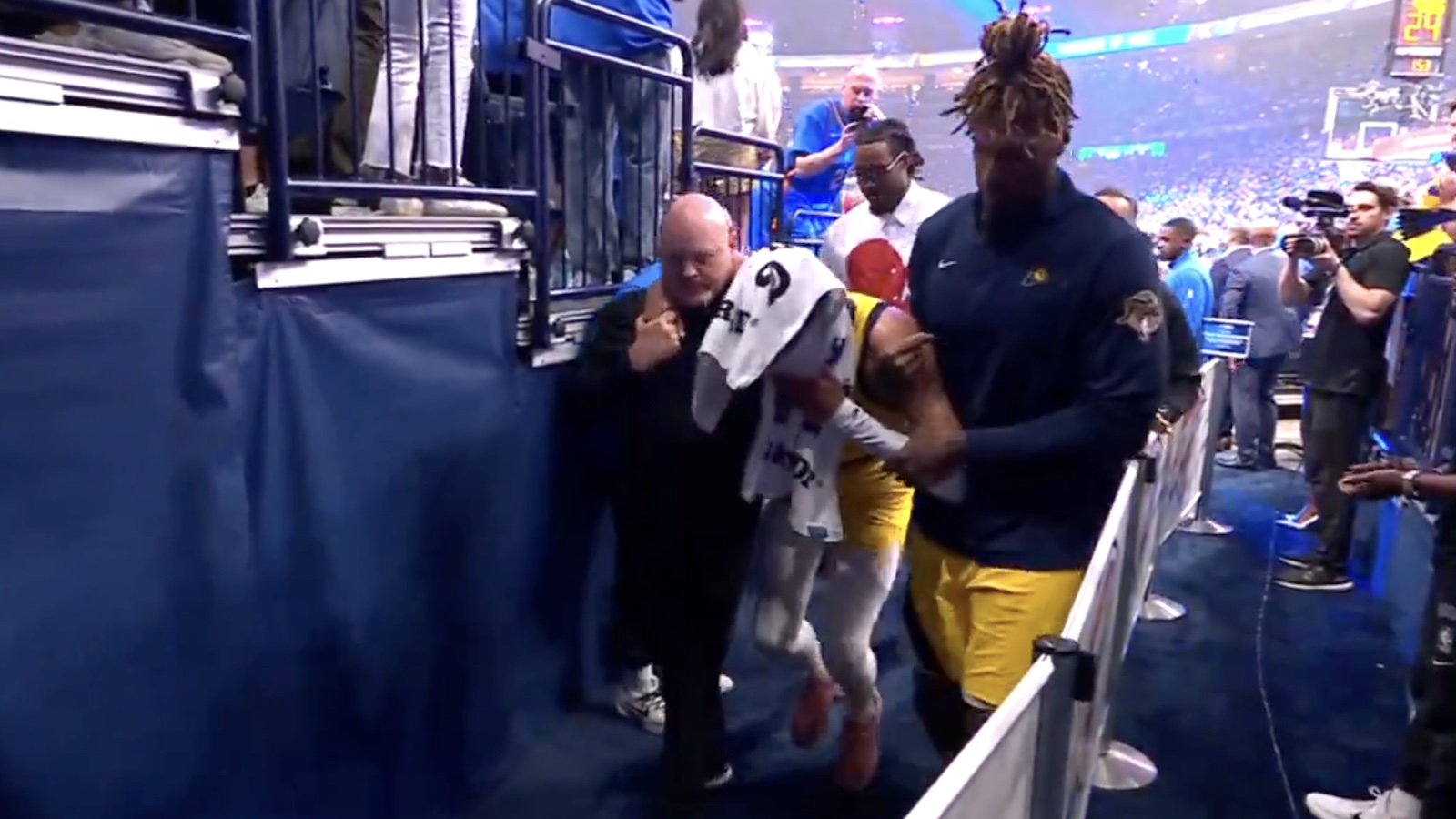 Pacers star Tyrese Haliburton with a towel over his head