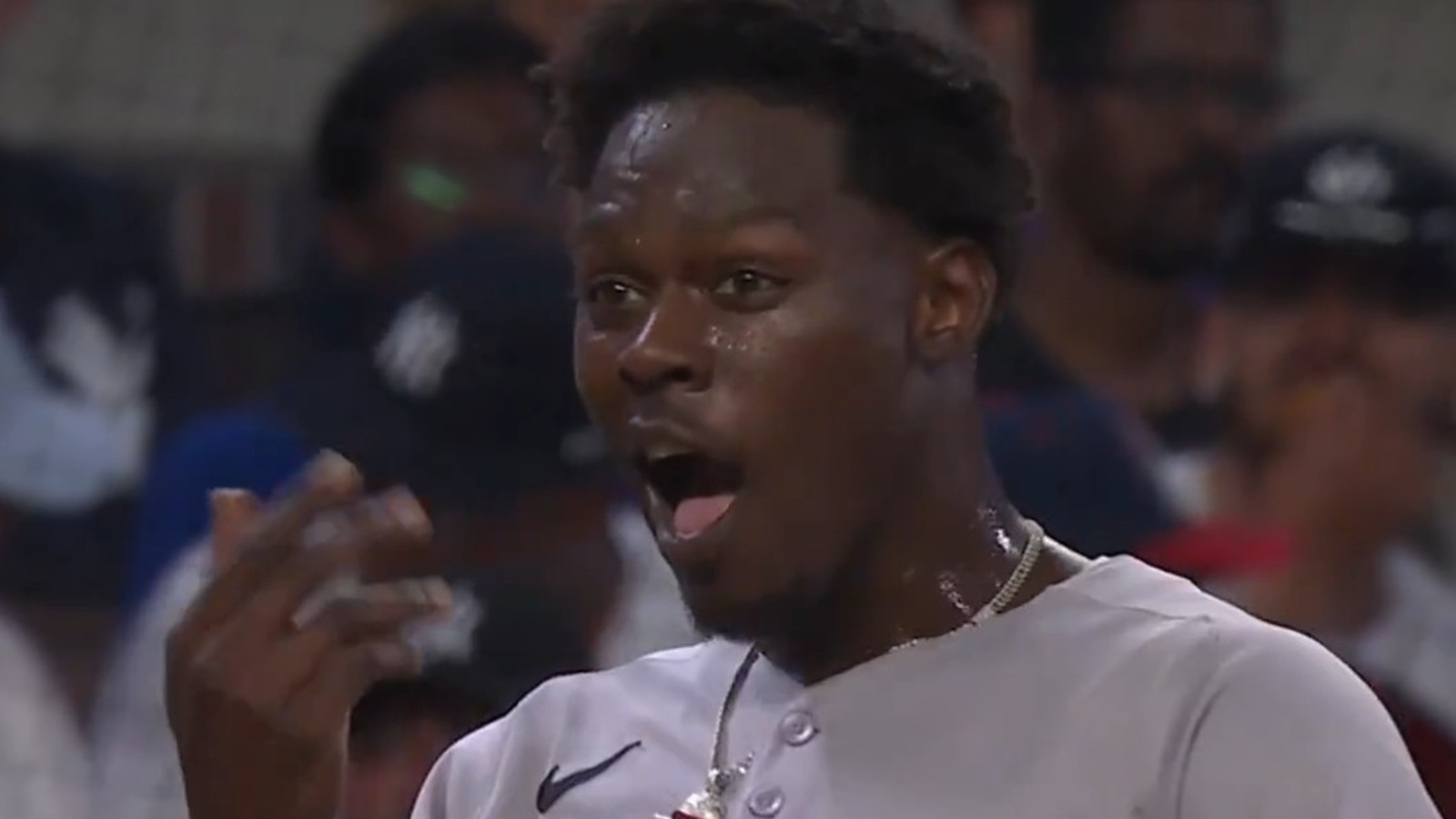 Jazz Chisholm yelling at the other dugout