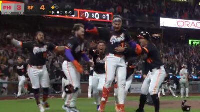 Patrick Bailey celebrating a walkoff home run