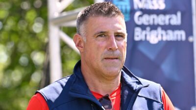 Mike Vrabel looks on