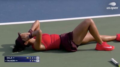 Alexandra Eala celebrating after winning a match at the 2025 US Open