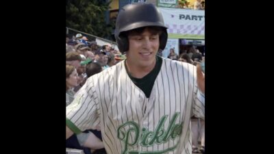 Portland Pickles fan Dixie in uniform before hitting his home run