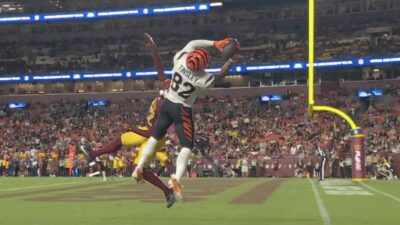 Bengals wide receiver Mitchell Tinsley making a catch in a preseason game against the Commanders