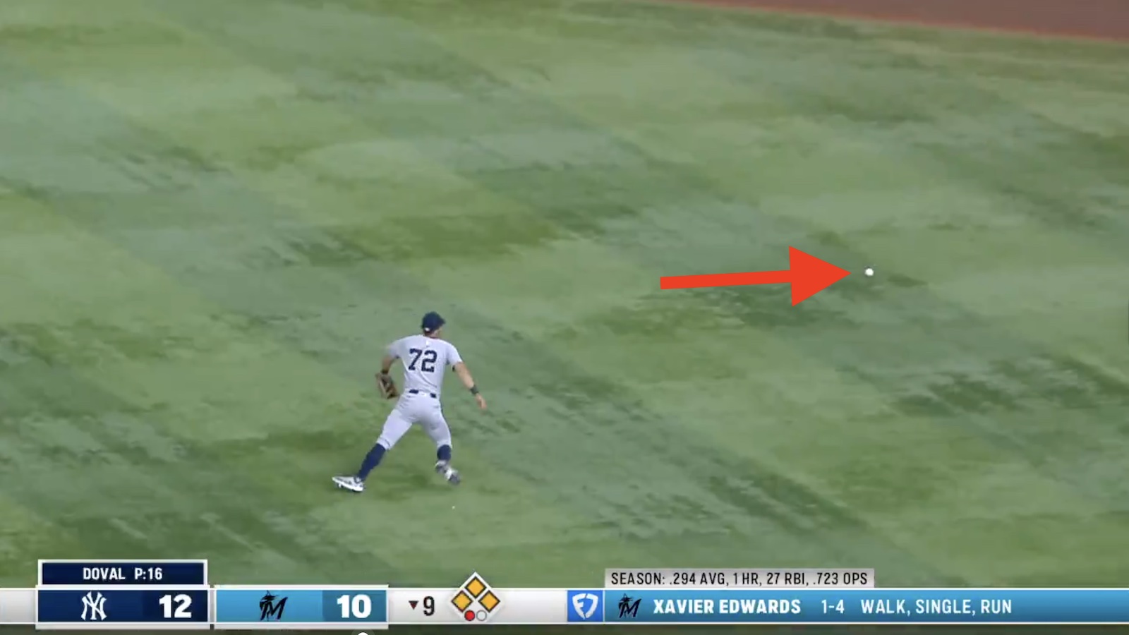 Yankees outfielder Jose Caballero commits a fielding error