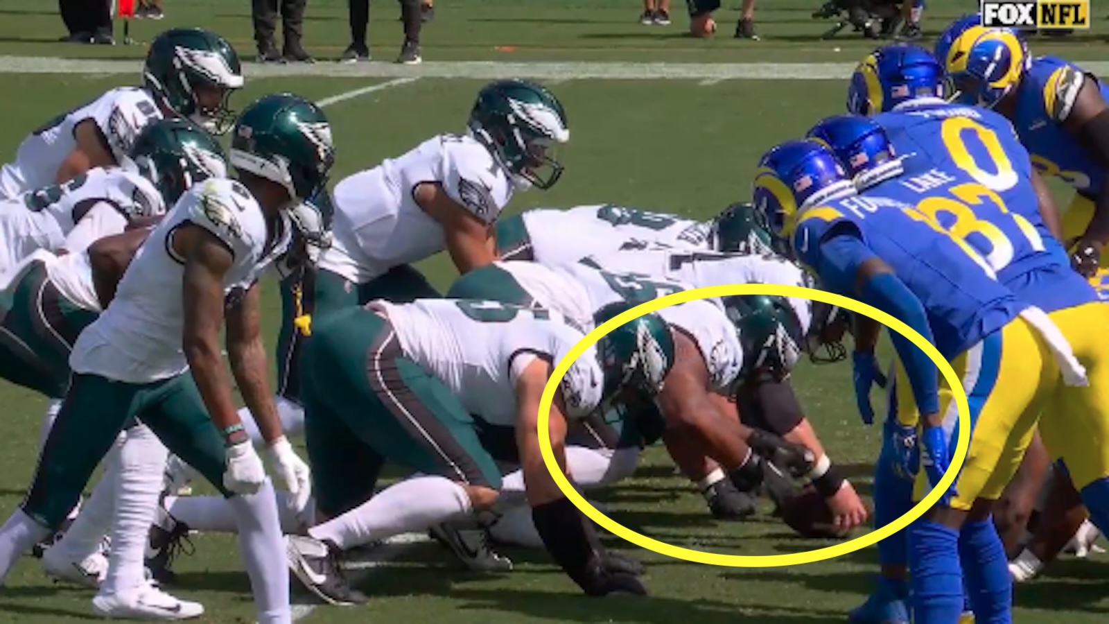 The Eagles get away with a false start on the tush push