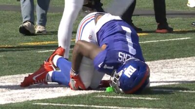 Malik Nabers stays down after suffering a knee injury