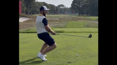 Tyrrell Hatton reacts to a fart in his backswing