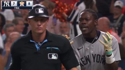 Jazz Chisholm yelling at an umpire