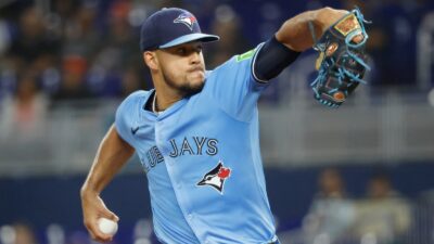 Jose Berrios throwing a pitch
