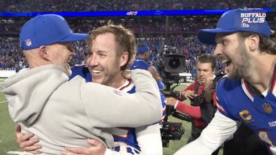 Bills quarterback Josh Allen screaming at Matt Prater.