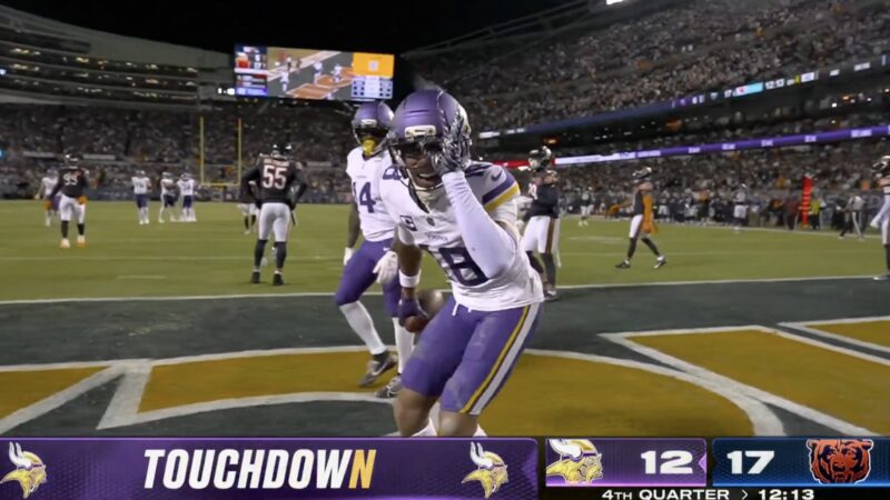 Justin Jefferson celebrating after receiving a touchdown pass from Vikings QB JJ McCarthy