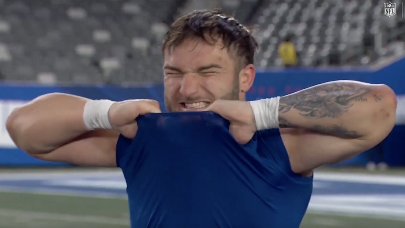 Cam Skattebo rips his shirt off