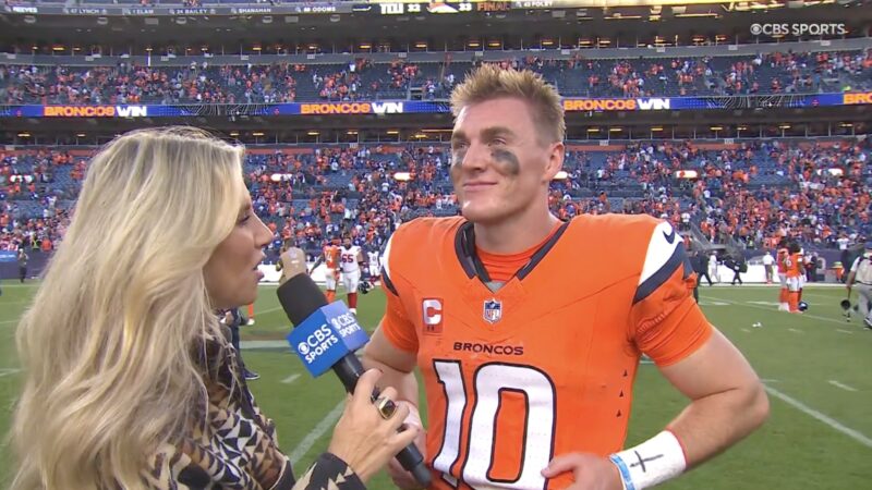 Bo Nix being interviewed after the Broncos scored 33 fourth-quarter points to comeback against the Giants