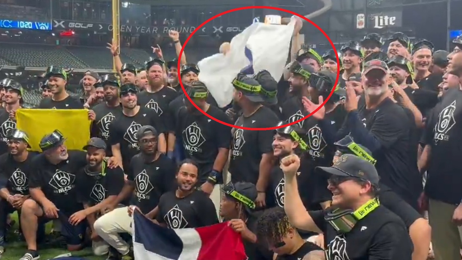 Brewers players posing for a celebratory photo