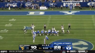 BYU lines up for a fake field goal against West Virginia