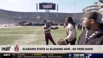Cam Newton staring down the Alabama A&M mascot