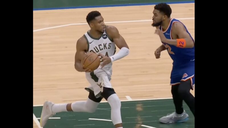 Bucks star Giannis Antetokounmpo making a move against Knicks center Karl-Anthony Towns