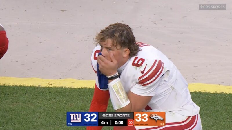 Jaxson Dart looking shocked after Broncos' comeback against his Giants