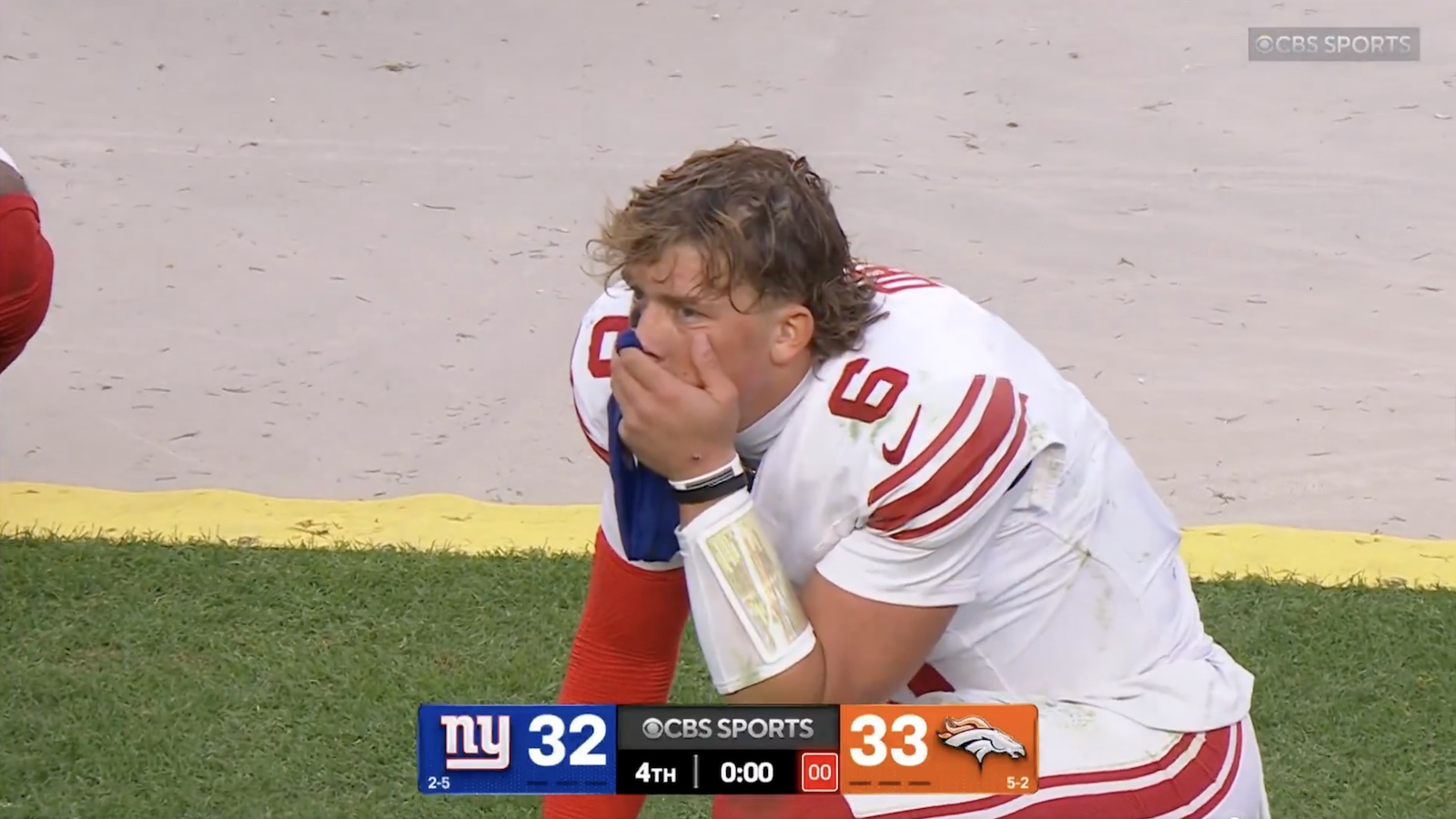 Jaxson Dart looking shocked after Broncos' comeback against his Giants