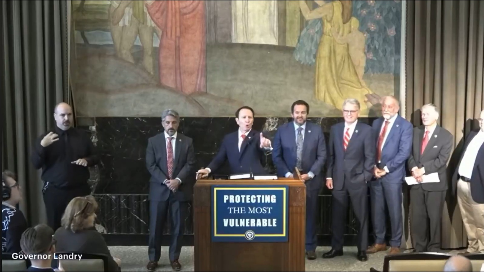 Jeff Landry giving a press conference