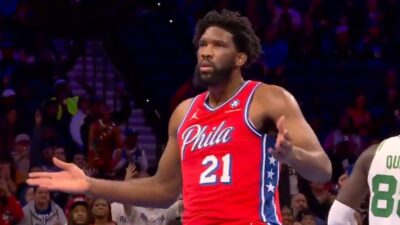 Joel Embiid celebrating a basket