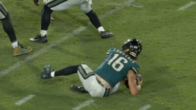 Jaguars QB Trevor Lawrence stumbles against the Chiefs