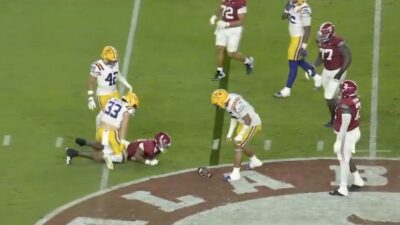 Alabama running back Daniel Hill drops a pass