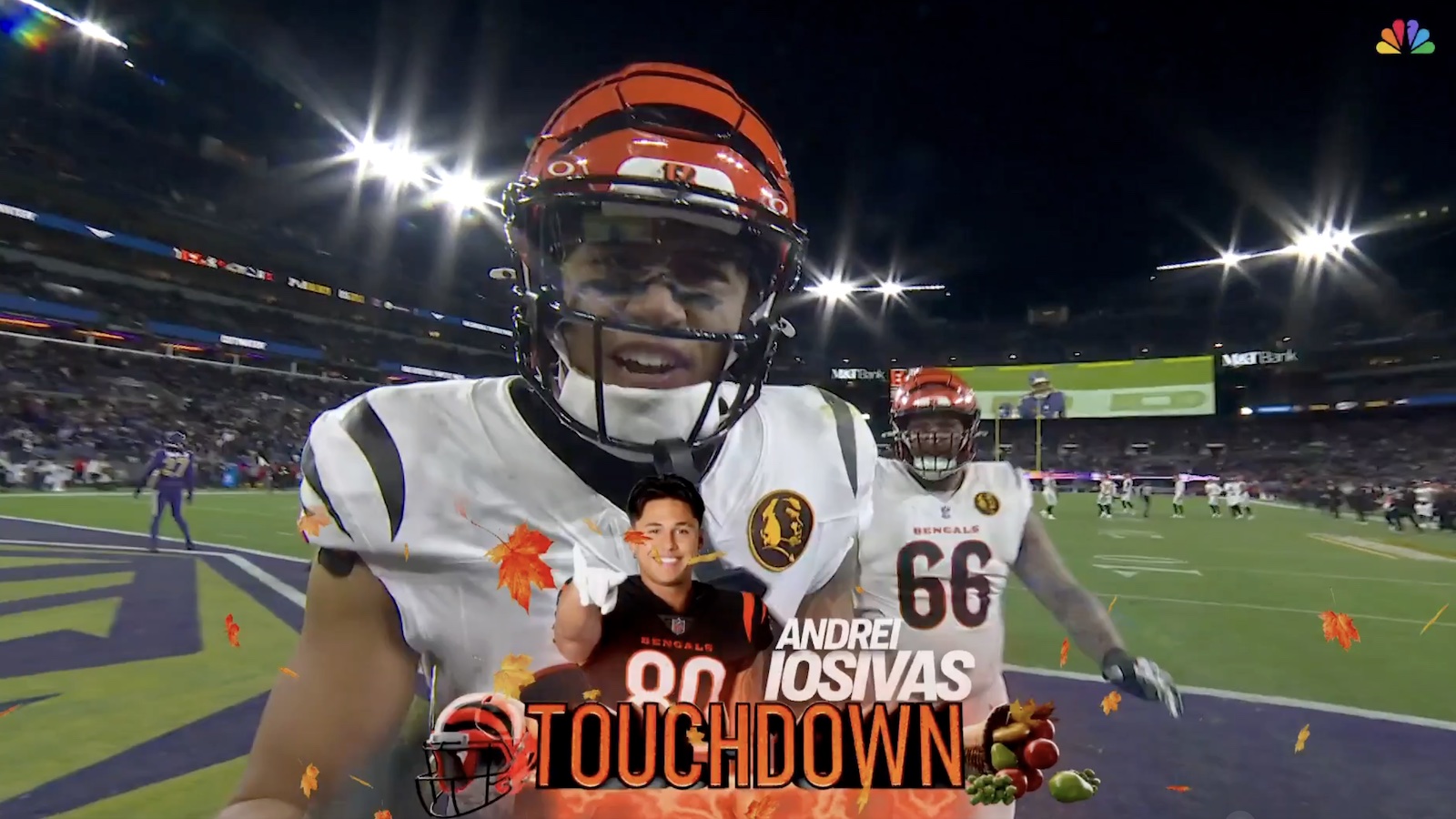 Bengals receiver Andrei Iosivas celebrating a touchdown during Thanksgiving