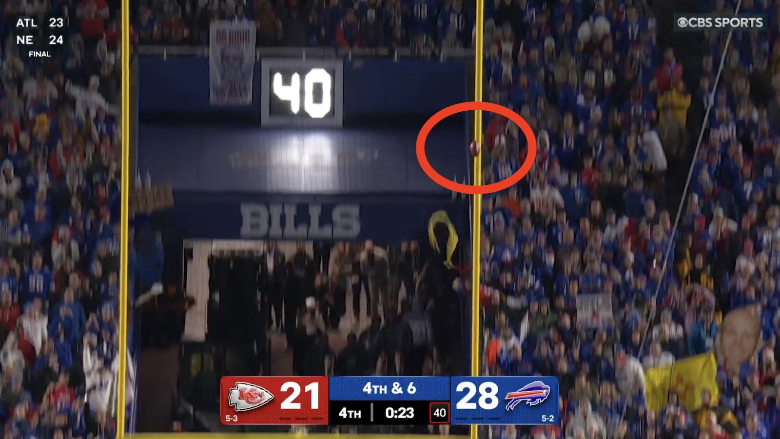 Bills kicker Matt Prater's field goal attempt hitting the right goalpost against the Chiefs