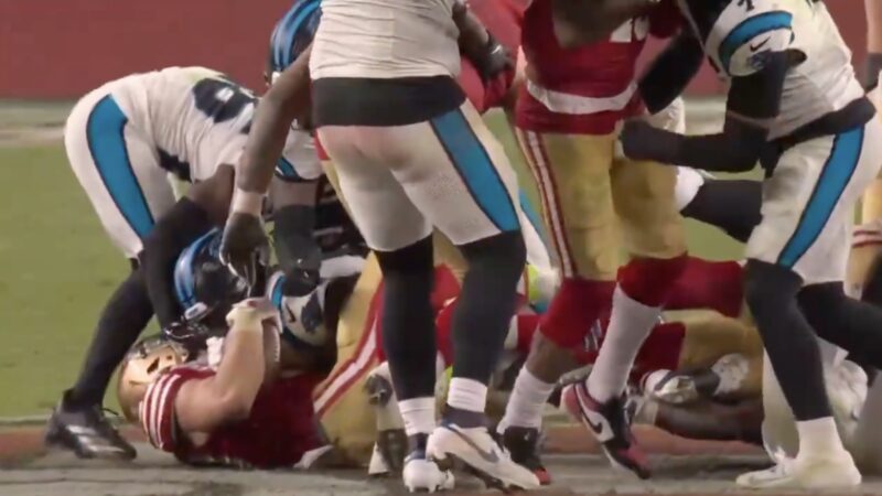 Panthers' Tre'Von Moehrig punches 49ers' Jauan Jennings in the groin