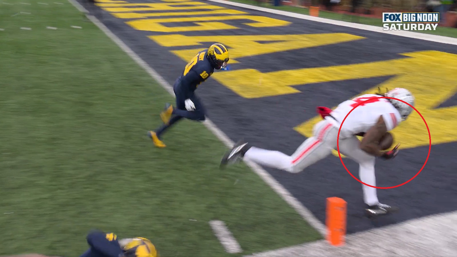 Jeremiah Smith nearly fumbling a touchdown