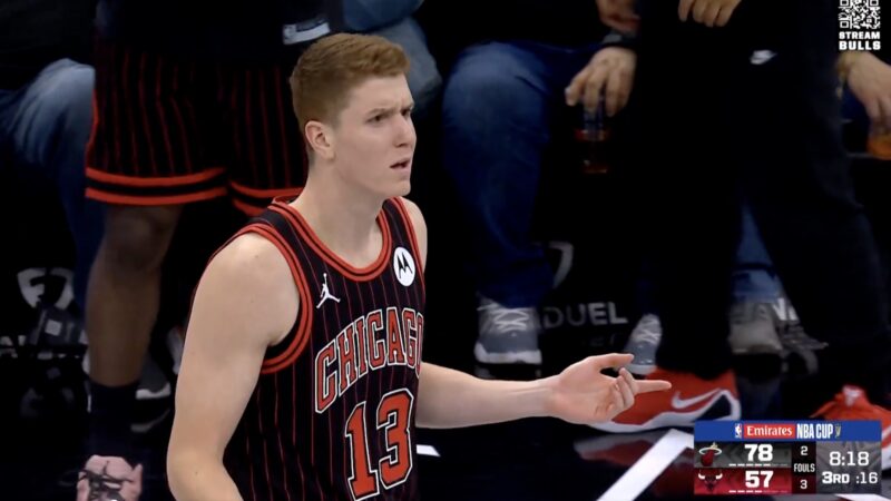 Bulls guard Kevin Huerter looks confused after getting ejected