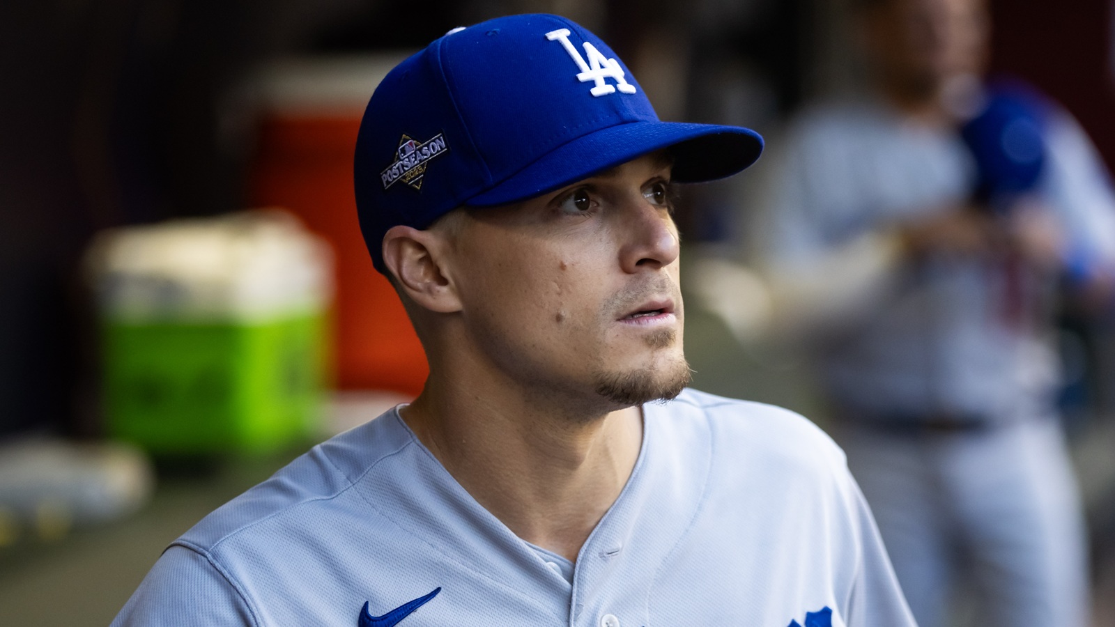 Enrique Hernandez standing in the dugout