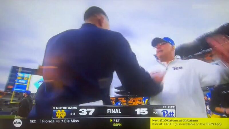 Marcus Freeman and Pat Narduzzi shake hands