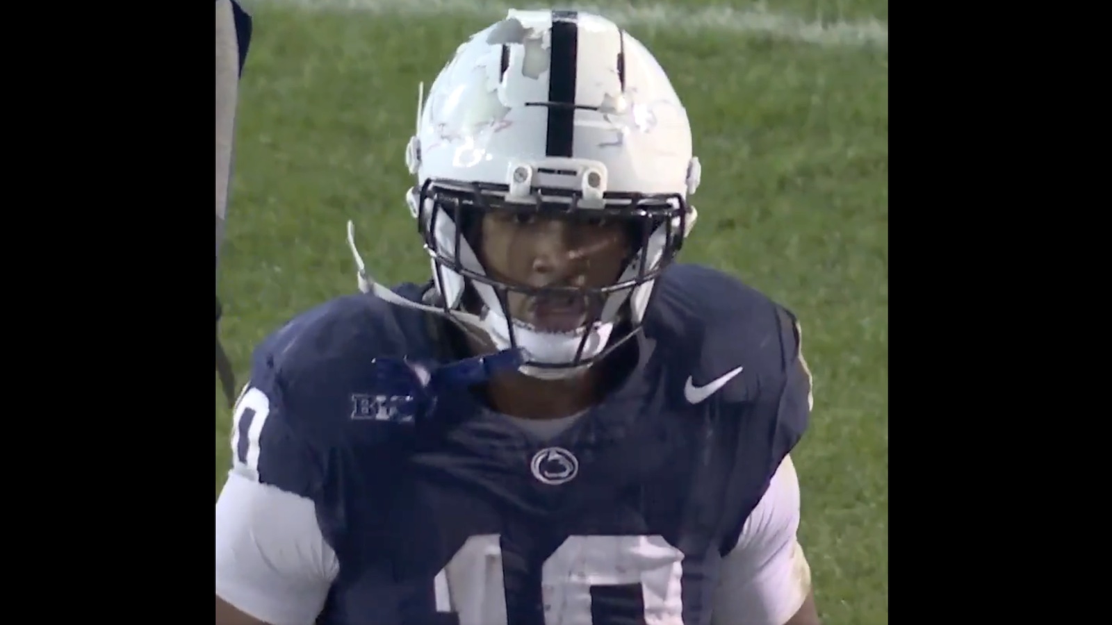 Penn State running back Nicholas Singleton with a cracked helmet