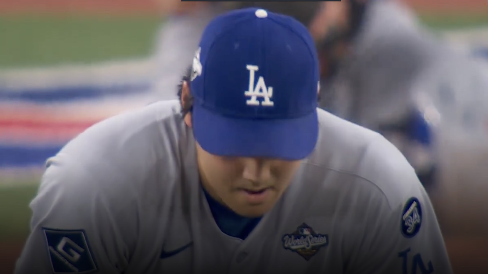 Dodgers star Shohei Ohtani looking disappointed after giving up a home run to the Blue Jays' Bo Bichette in Game 7 of the World Series