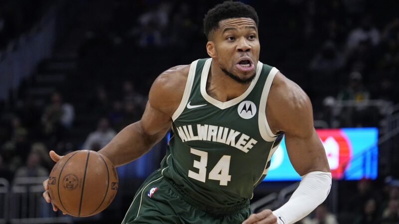 Giannis Antetokounmpo drives to the basket.