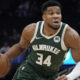 Giannis Antetokounmpo drives to the basket.
