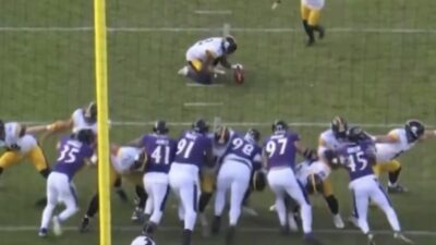 The Ravens are called for a penalty on a field goal attempt