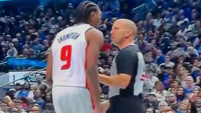 Ausar Thompson confronting referee John Goble