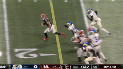 Falcons running back Bijan Robsinson outrunning the Rams' secondary